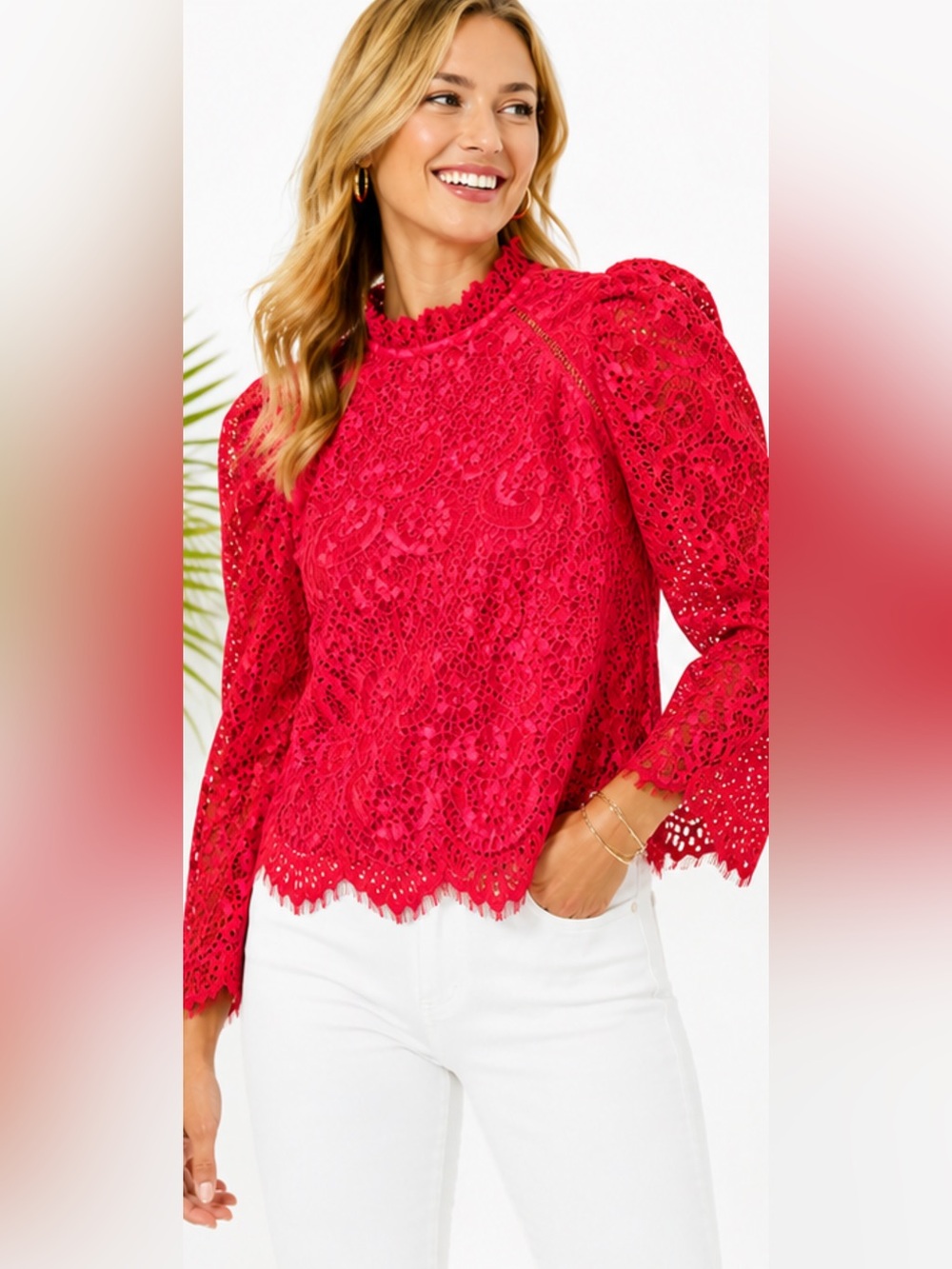 Lilly Pulitzer Averi Long Sleeve Lace Top Ruby Red Two Tone Carnival Lace S